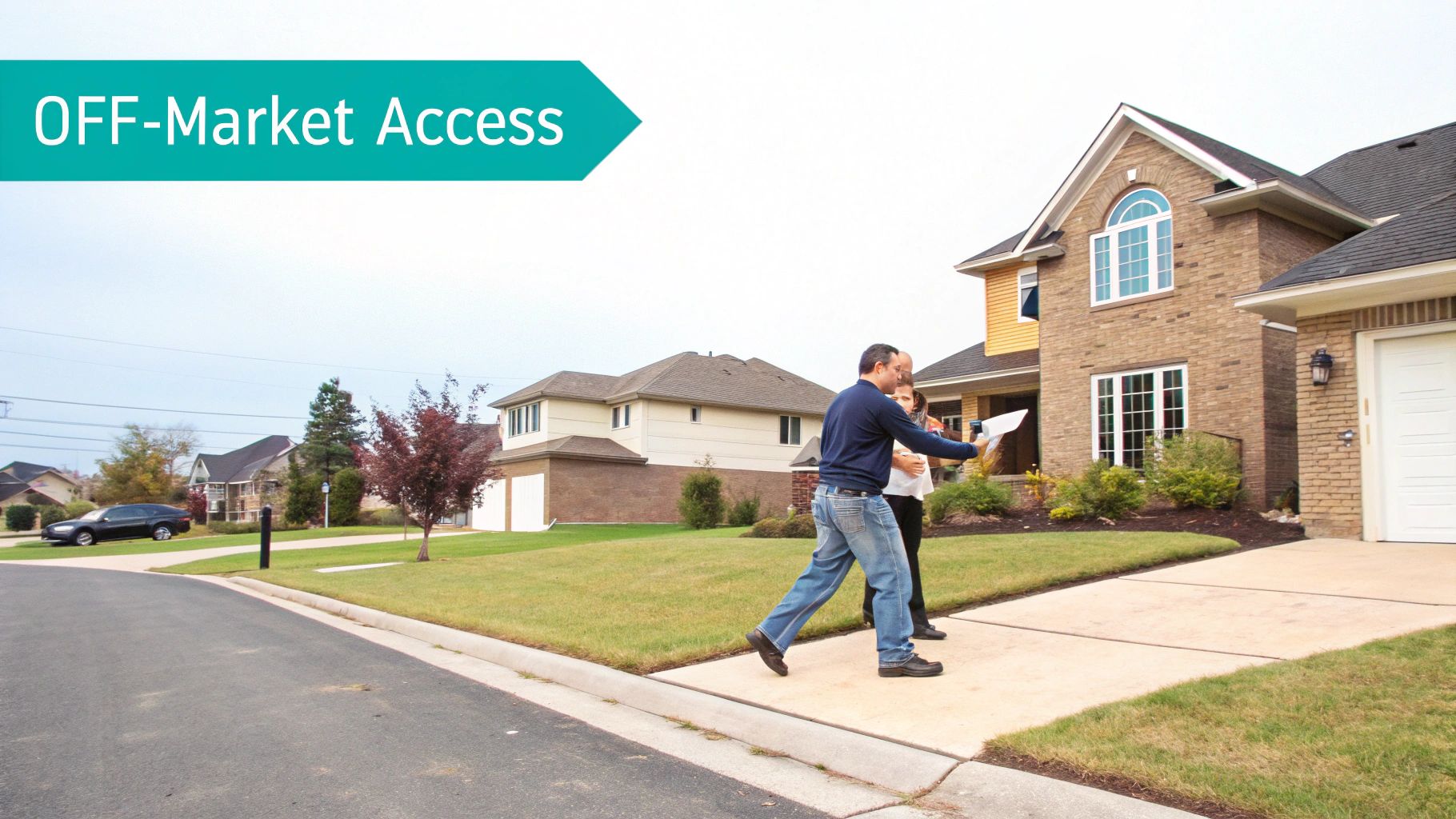 A man and a woman review documents in front of a suburban house with an "OFF-Market Access" banner.
