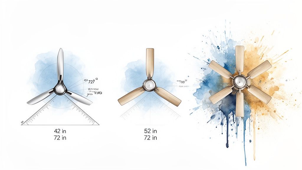 Three unique ceiling fan designs showcasing varying blade counts and dimensions.