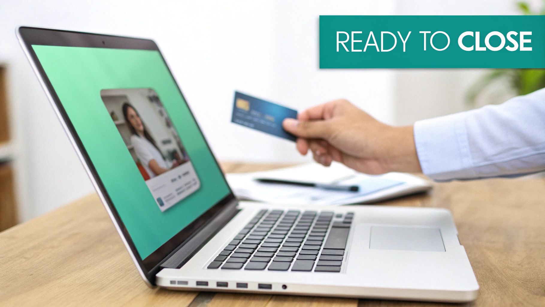 A person's hand holding a credit card near a laptop with a 'Ready to Close' banner.