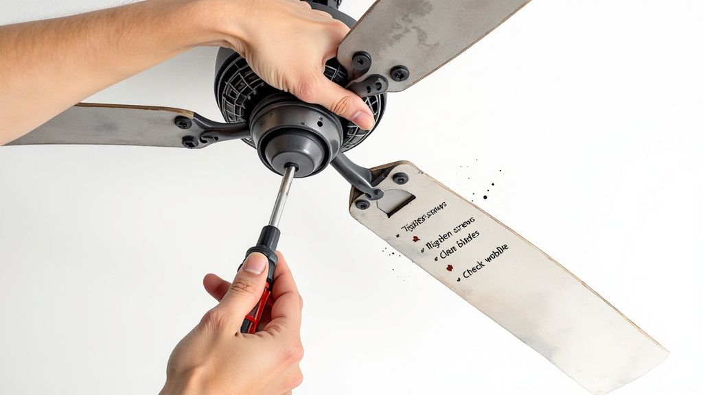 A person on a ladder is carefully installing a modern white ceiling fan against a white ceiling.