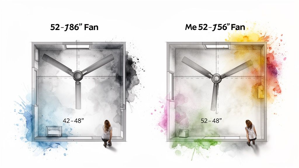 Two room diagrams comparing different ceiling fan sizes and their air circulation coverage.