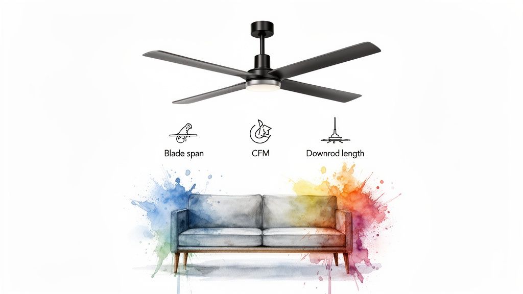 Black four-blade ceiling fan with light, highlighting features like blade span, CFM, and downrod length above a stylish sofa.