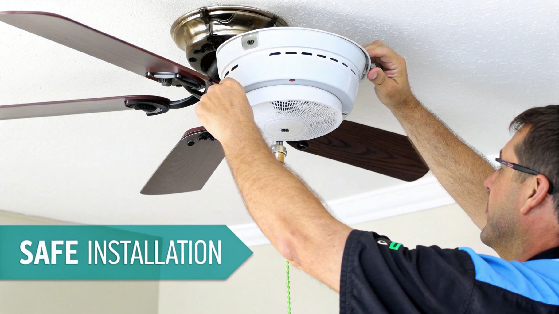 A person safely installing a flush mount ceiling fan, showing the mounting bracket attached to the ceiling's electrical box.