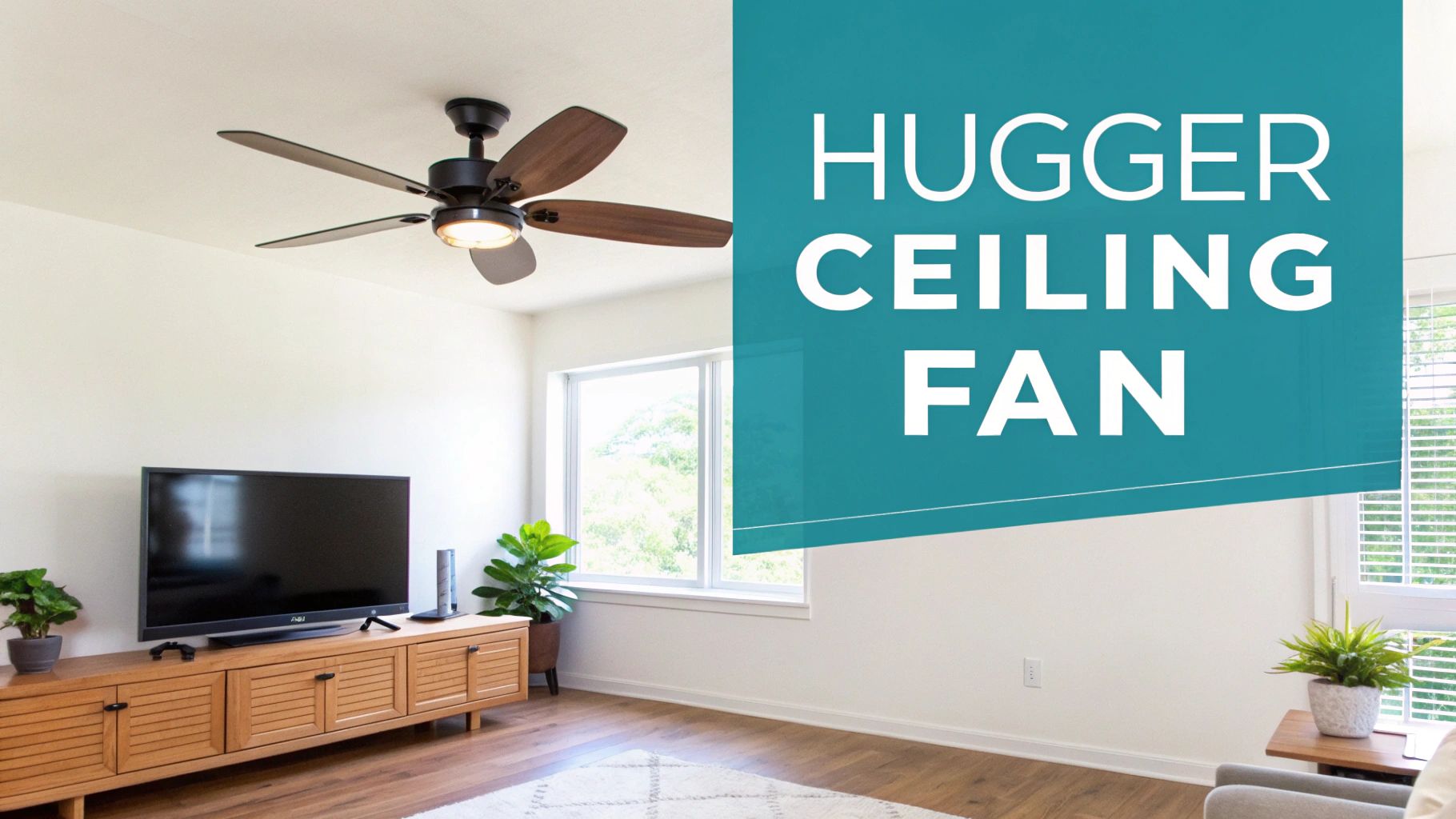A modern living room featuring a dark brown hugger ceiling fan with five blades and a light kit, above a TV console.