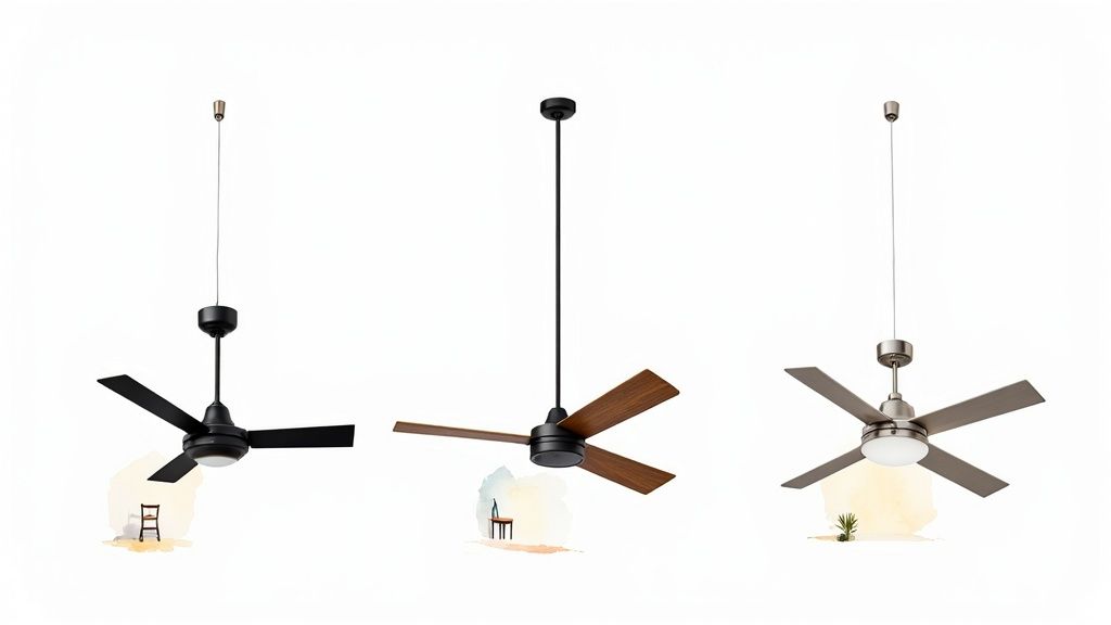 A sleek, modern 30 inch ceiling fan with a matte black finish and three blades, perfectly complementing a minimalist bedroom decor.