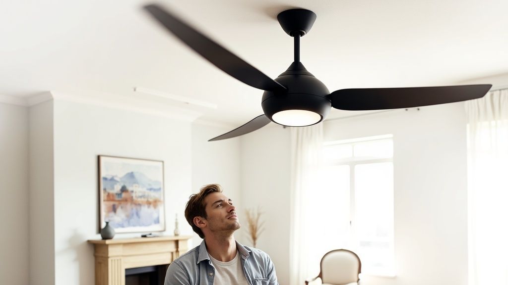 A man looks up at a stylish black ceiling fan with an integrated light in a modern living room.