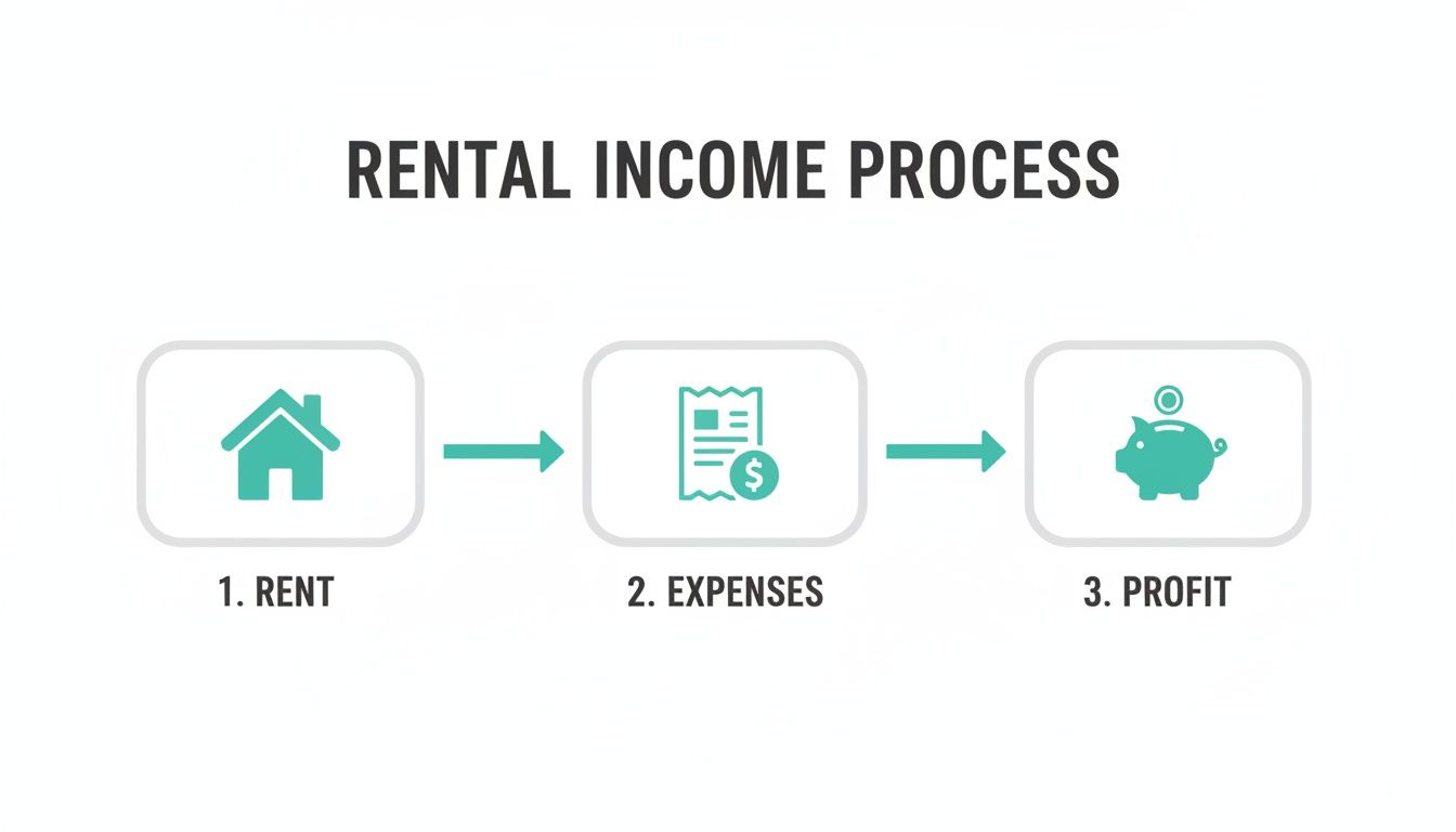 A simple flowchart illustrates the rental income process, showing rent, expenses, and profit with icons.