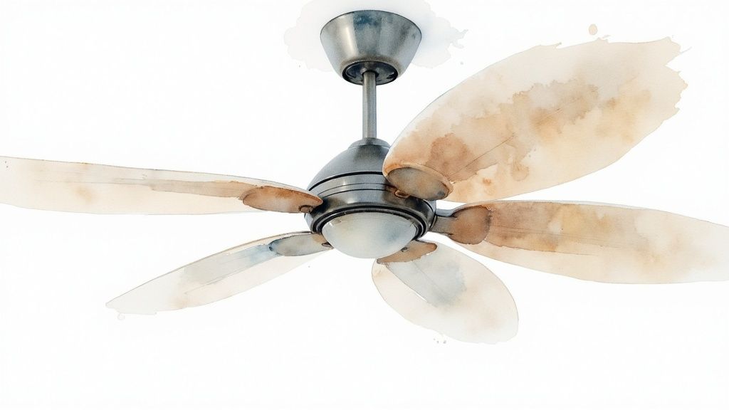 An abstract image showing swirling blue lines representing airflow from a ceiling fan.