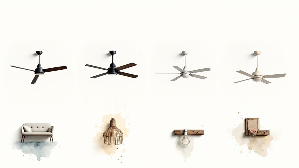 Collection of modern ceiling fans and light fixtures in various styles and finishes for living rooms