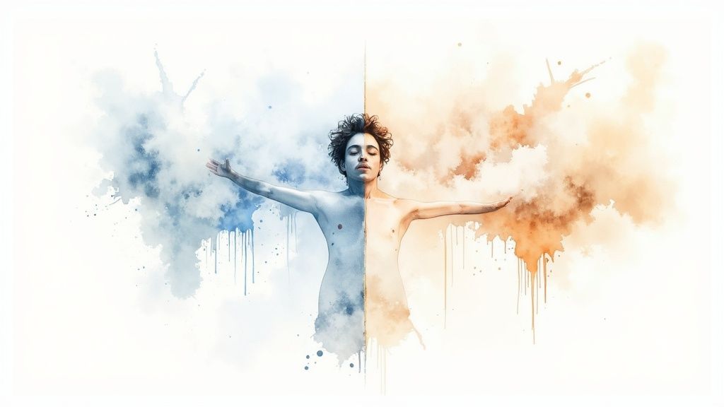 Artistic depiction of a person split into cool blue and warm orange, with watercolor effects, symbolizing contrast.