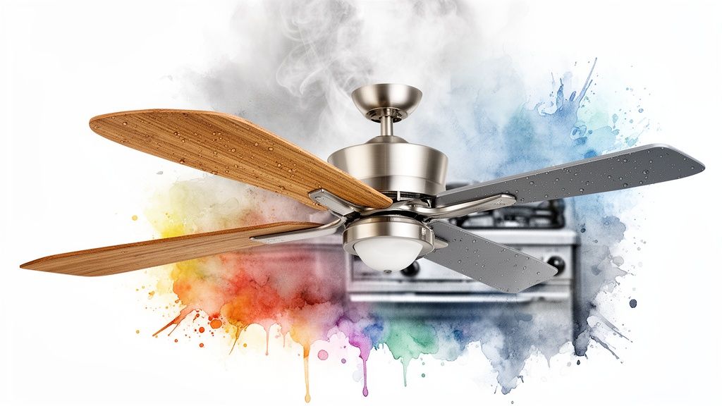 Modern ceiling fan with wood and grey blades, depicted with steam and water splashes, ideal for kitchens.