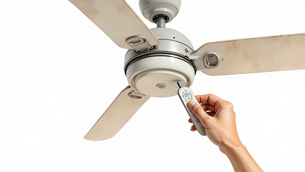 A hand holds a remote, adjusting a dirty ceiling fan with beige blades against a white background.