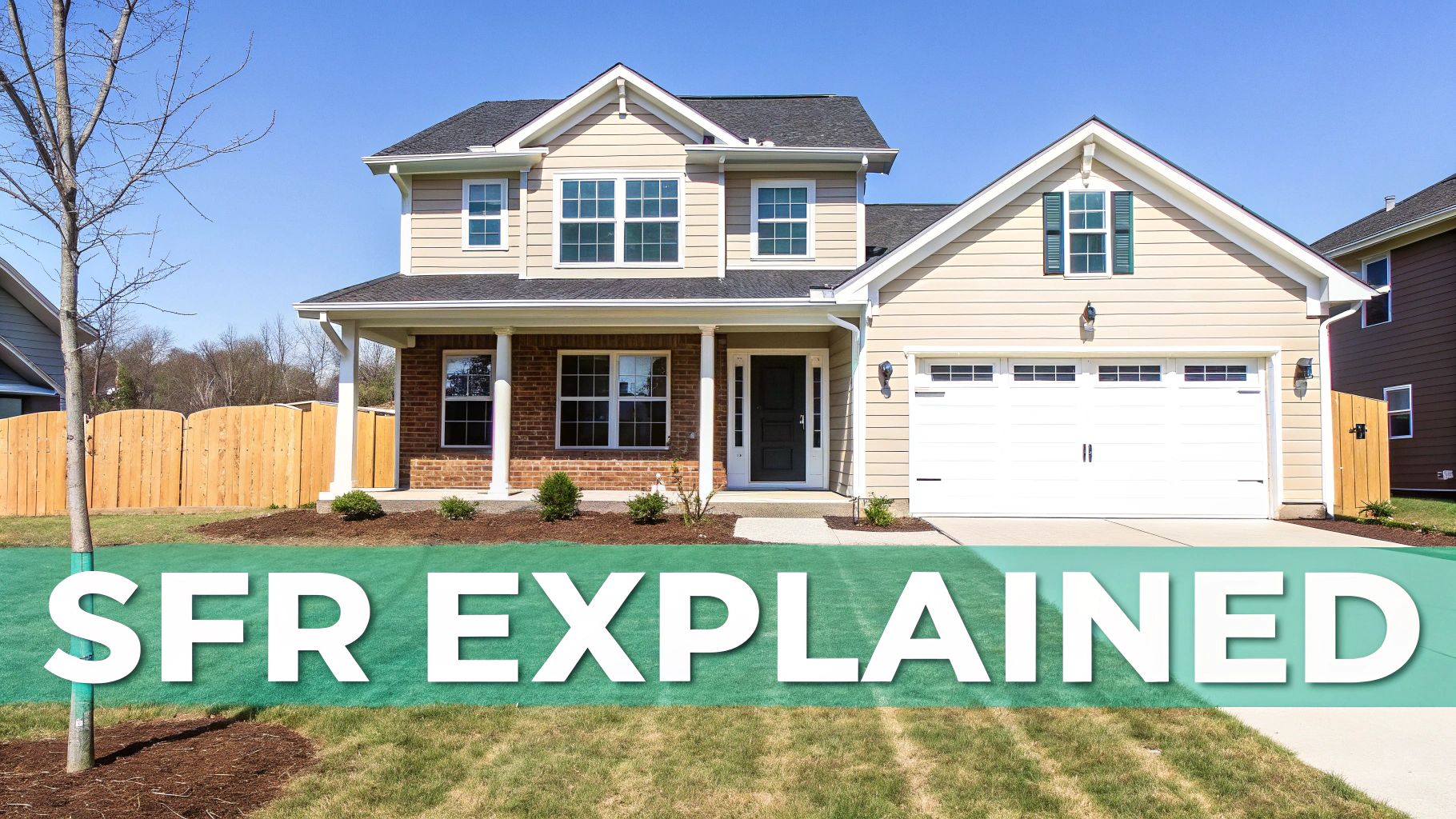 A new two-story single-family home with a green lawn and overlaid text "SFR EXPLAINED".