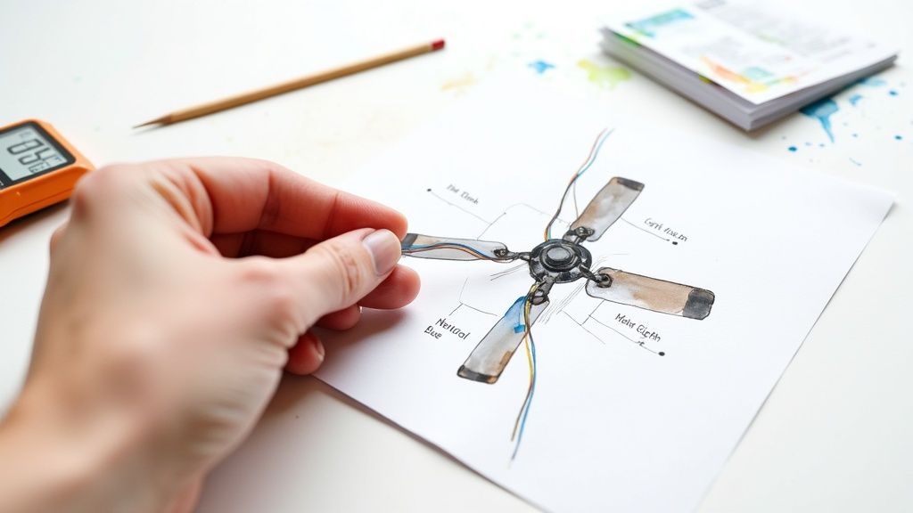 A hand holds a detailed diagram showing the wiring and blades of a ceiling fan on a white desk.