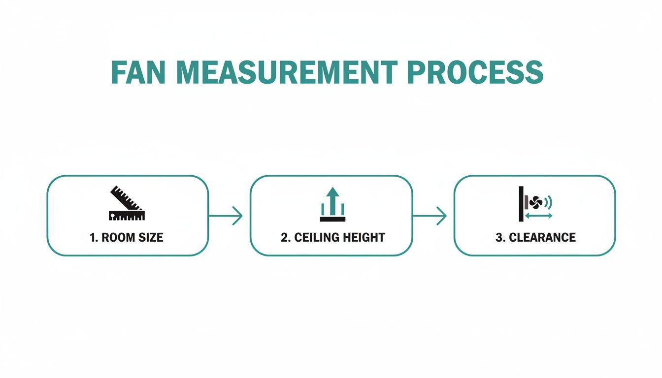 A diagram illustrating the fan measurement process, detailing three essential steps: room size, ceiling height, and clearance.