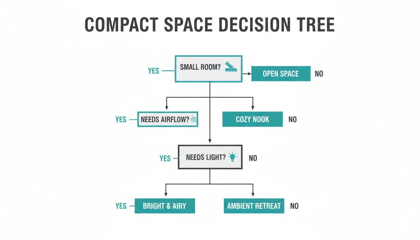 A compact space decision tree diagram illustrating choices for room size, airflow, and lighting needs.