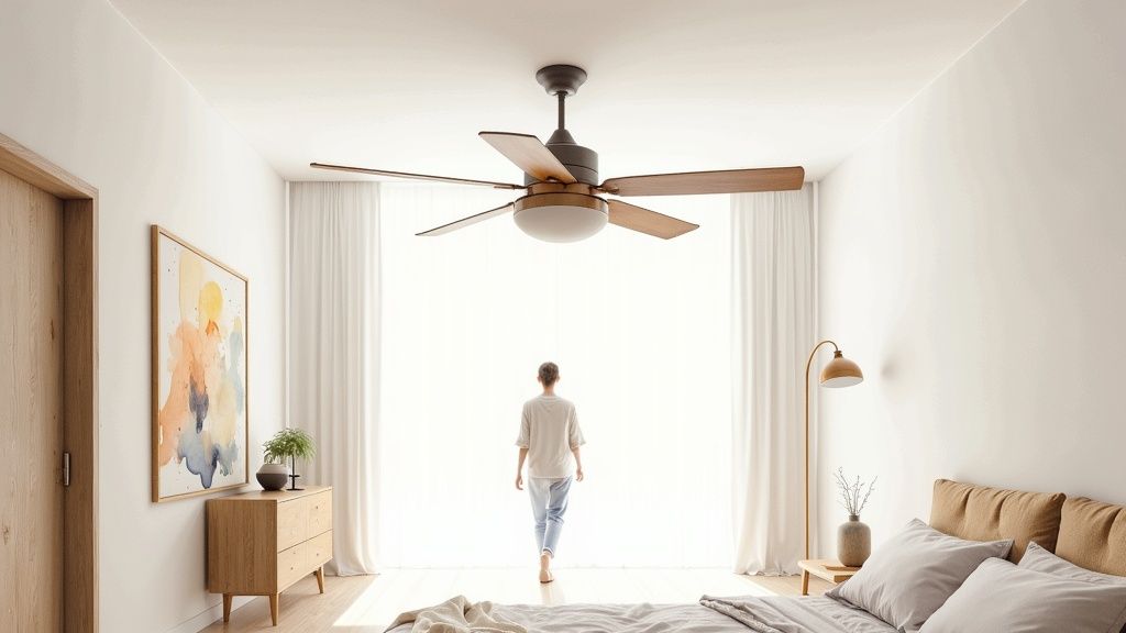 A person walks towards a bright window in a modern bedroom with a ceiling fan.