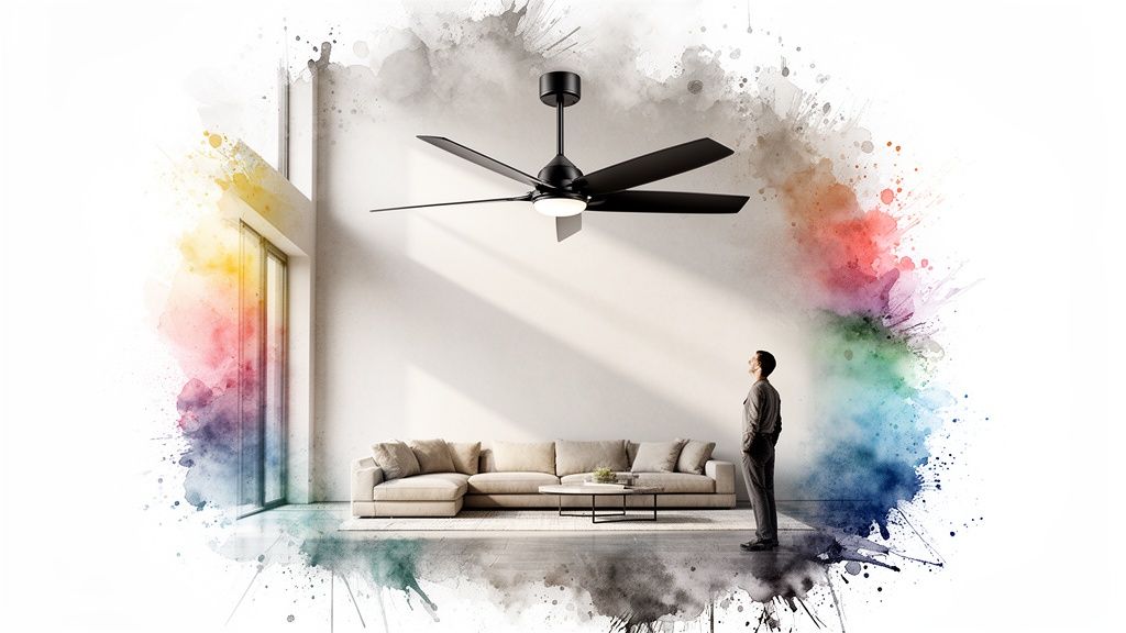 A sleek, modern living room with a prominent, designer ceiling fan.