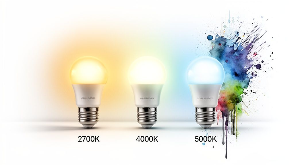 Three LED light bulbs demonstrate warm (2700K), neutral (4000K), and cool (5000K) color temperatures.