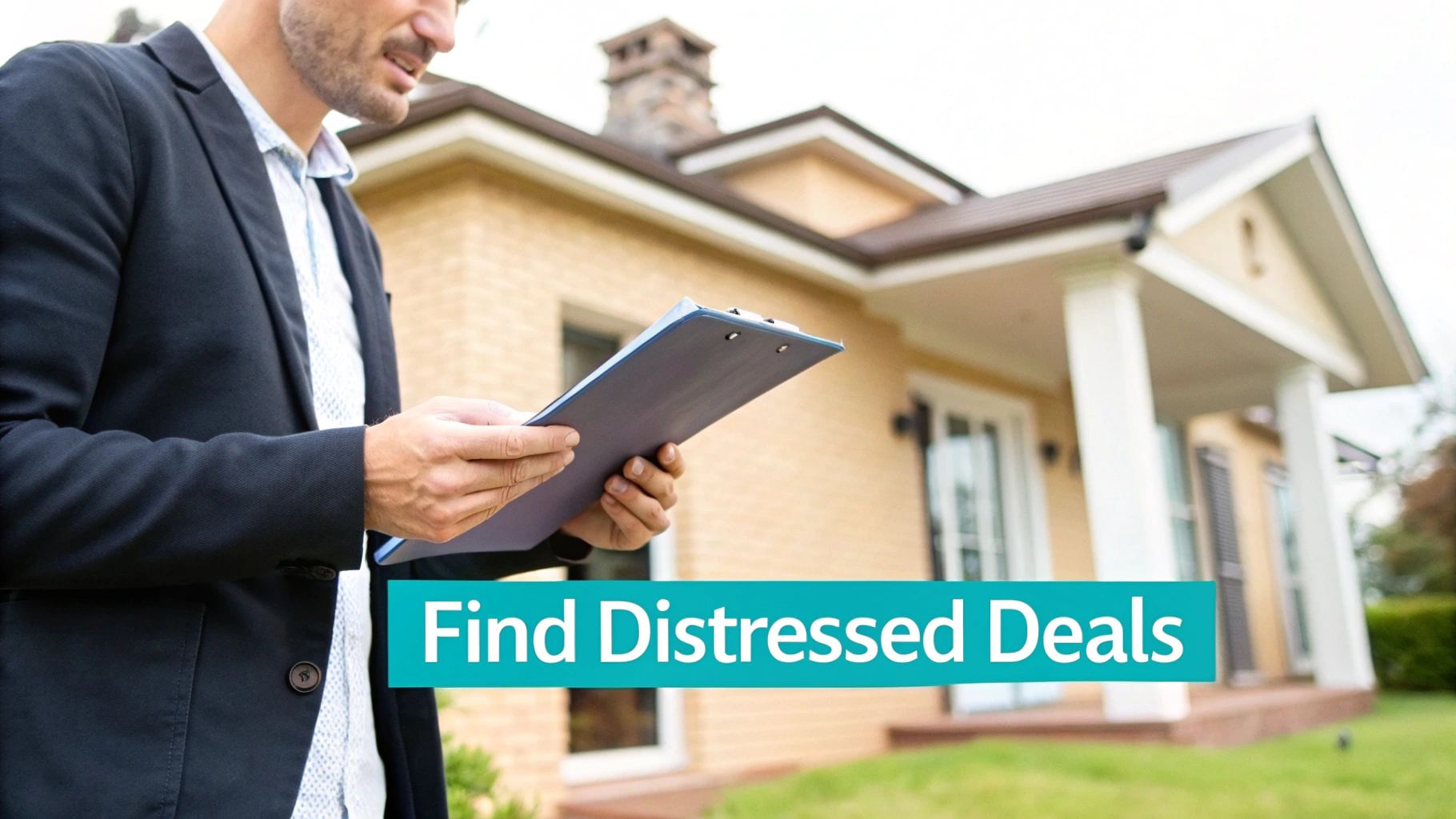 A professional man reviews documents on a clipboard outside a house, advertising 'Find Distressed Deals'.