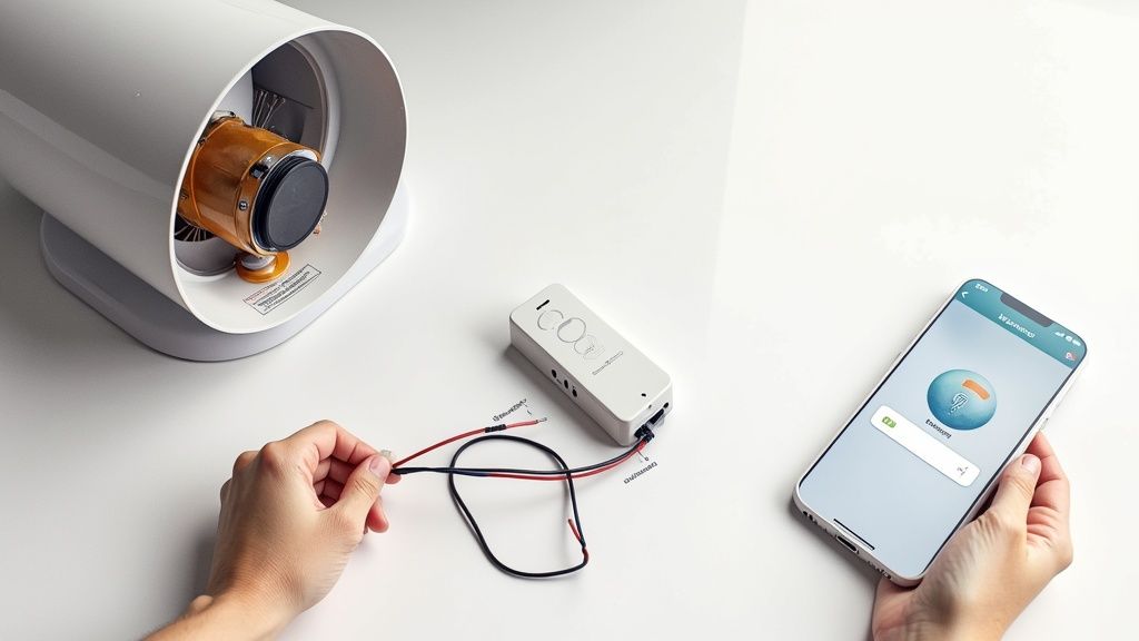 A person connects wires to a smart home controller, with a fan device and smartphone app visible.