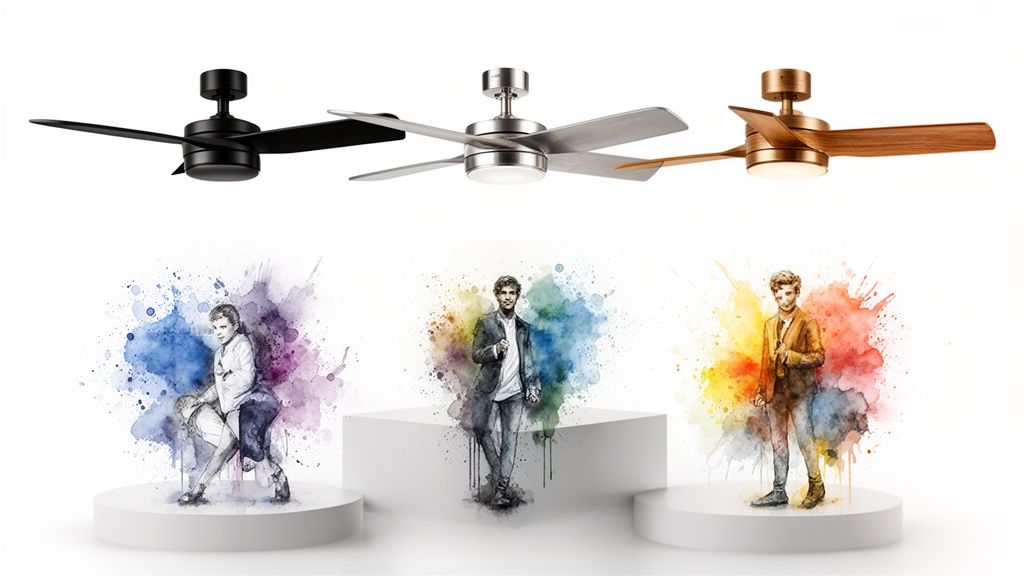 Three low-profile ceiling fans in black, silver, and wood, above watercolor art of people.