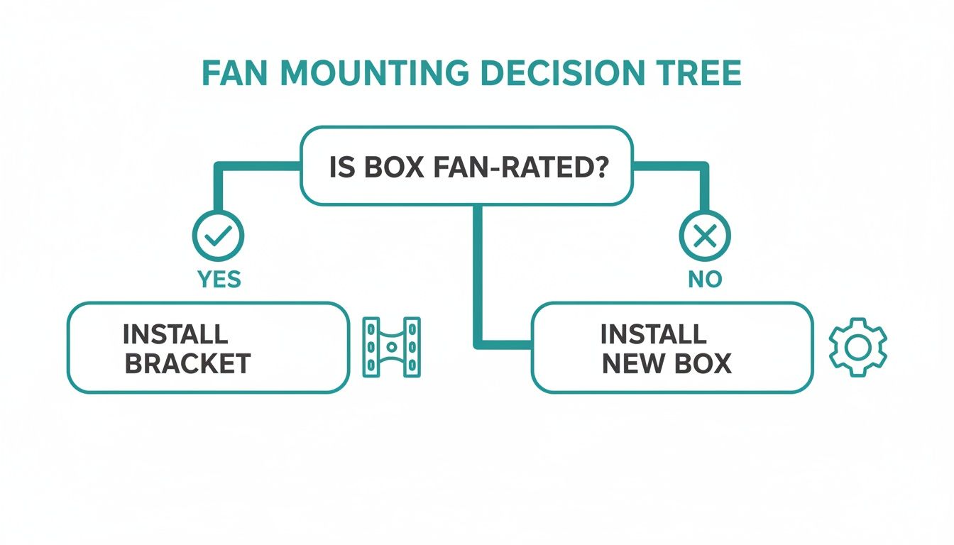 A fan mounting decision tree flowchart showing steps for installation based on box fan-rating.