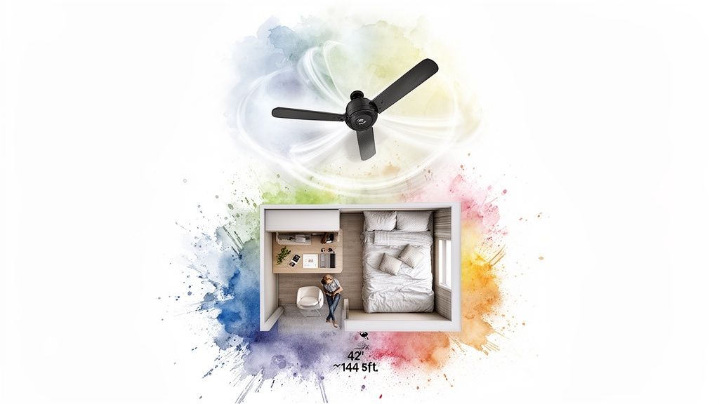 A black 42-inch ceiling fan creating air currents above a modern bedroom and study layout, on a colorful watercolor background.