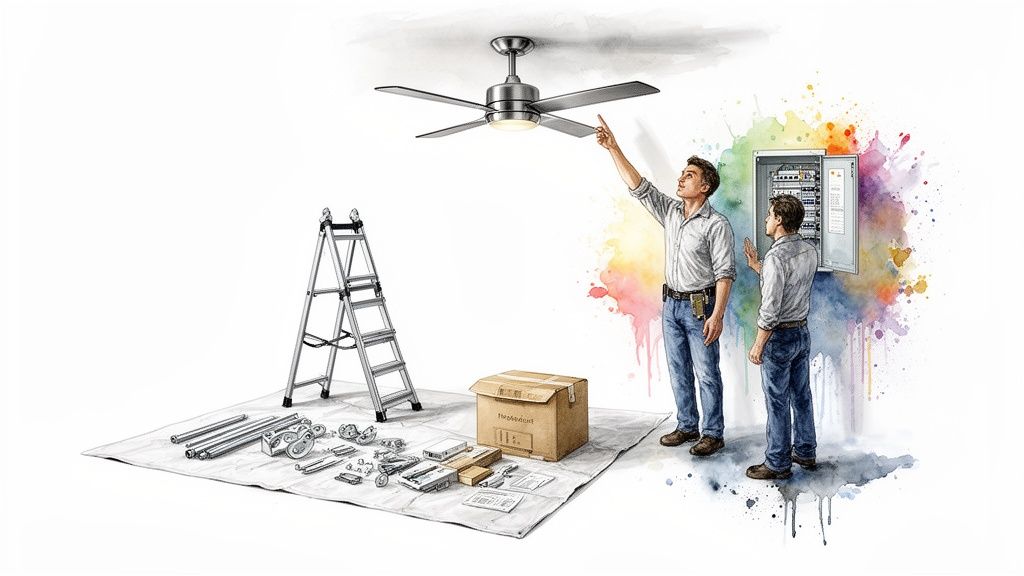 Two men installing a ceiling fan, one pointing, while another inspects an electrical panel.