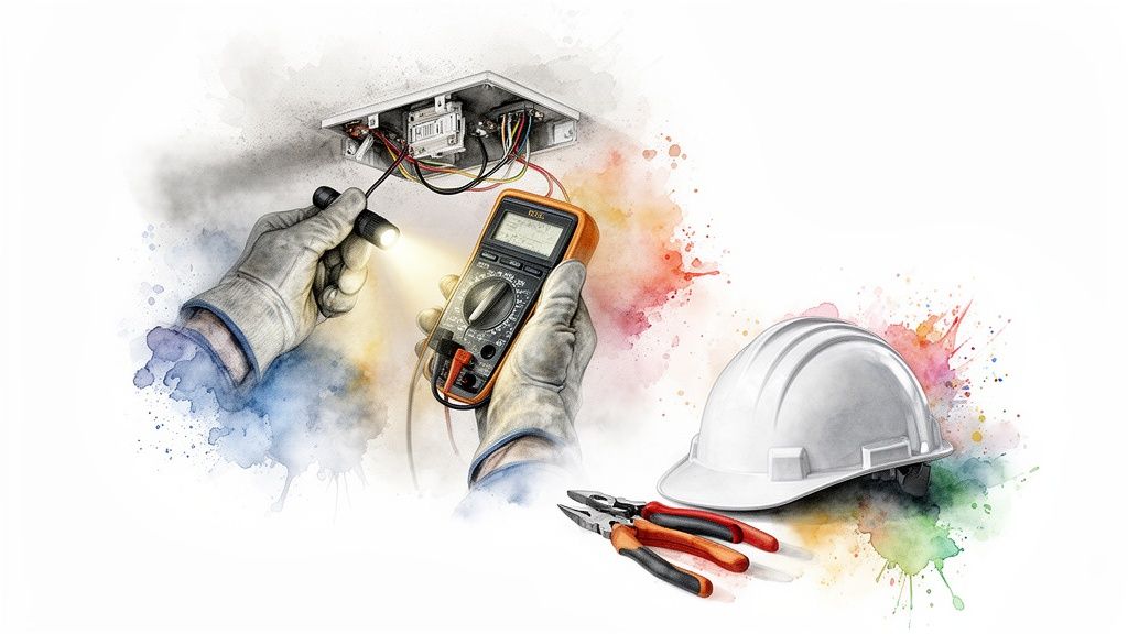 Electrician inspecting electrical wiring with a flashlight and multimeter, with safety gear and tools.