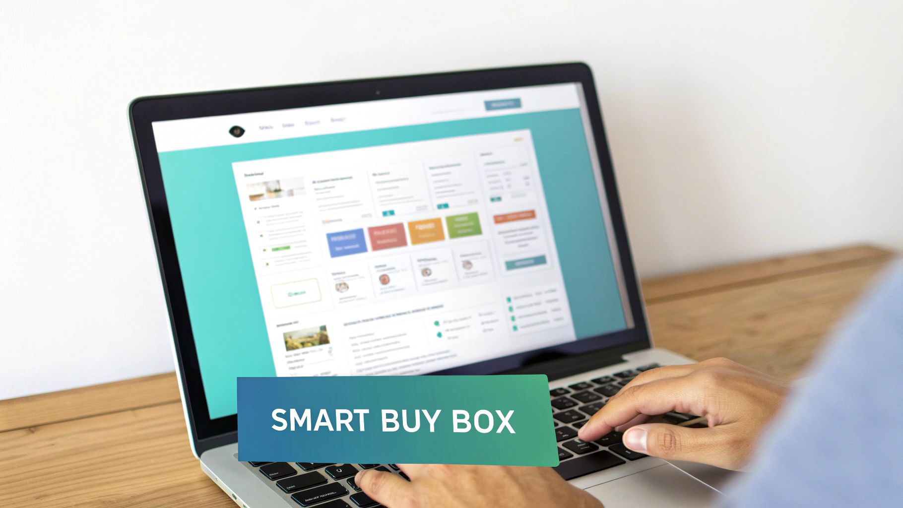 A person typing on a laptop displaying a website with a "Smart Buy Box" overlay.
