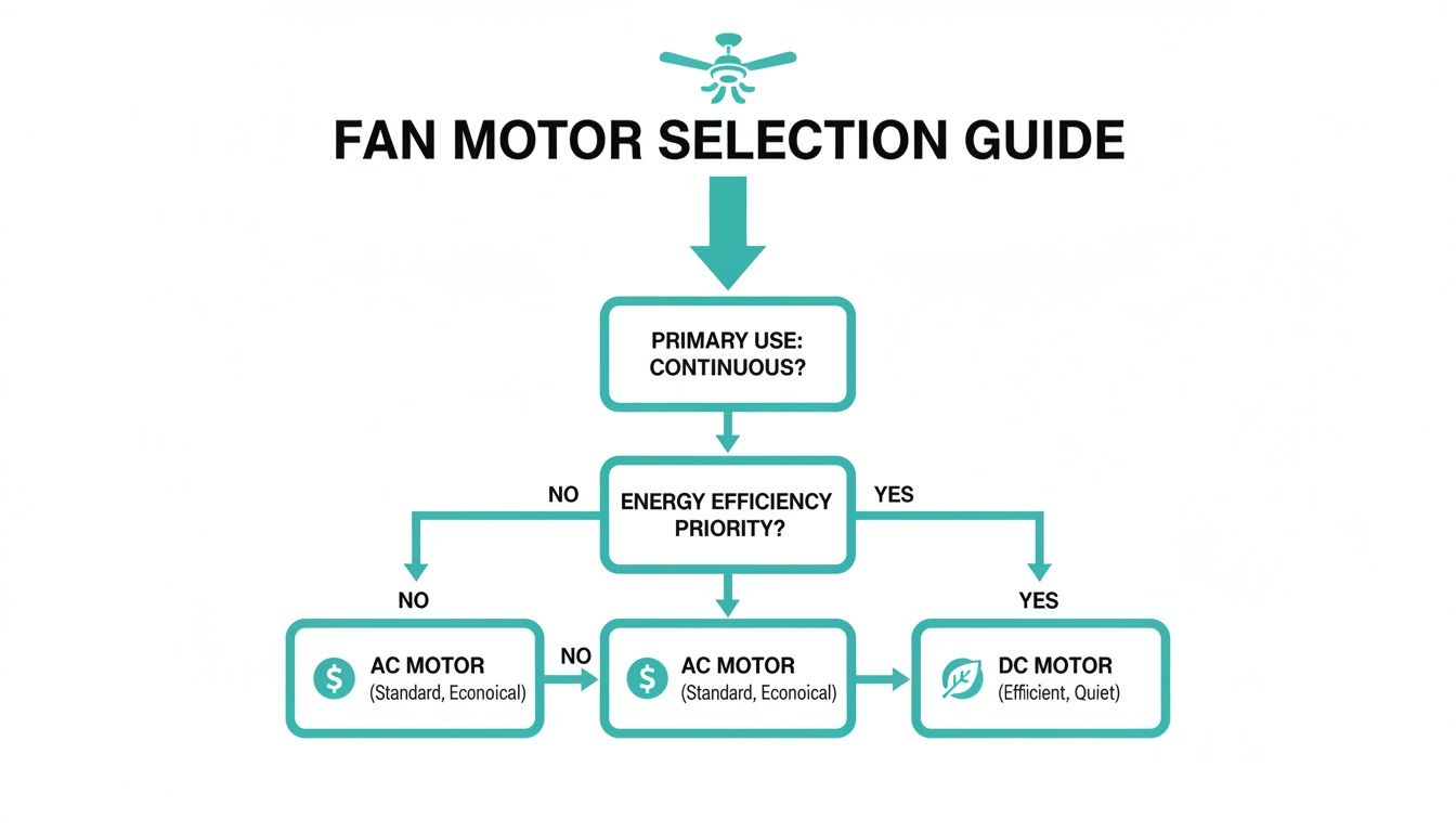 A fan motor selection guide flowchart, helping users choose between AC and DC motors based on use and efficiency.