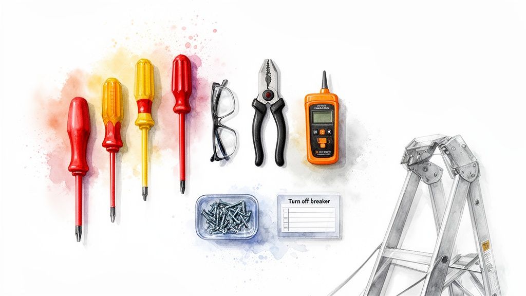 Flat lay of electrical tools: screwdrivers, pliers, multimeter, screws, safety checklist, and a ladder.