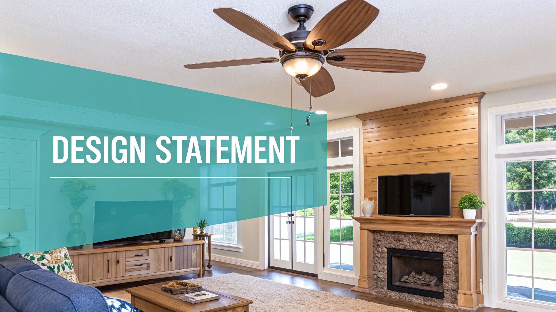 A luxurious ceiling fan made of dark wood and brushed metal serves as the centerpiece in a sophisticated, modern living room.
