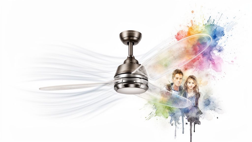 Modern metallic ceiling fan with transparent blades, colorful watercolor art, and two figures.
