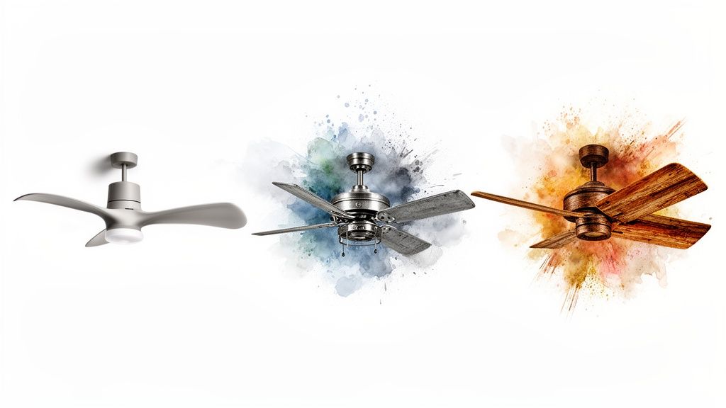 Three distinct ceiling fans: a modern grey, a vintage metallic, and a rustic wooden style.