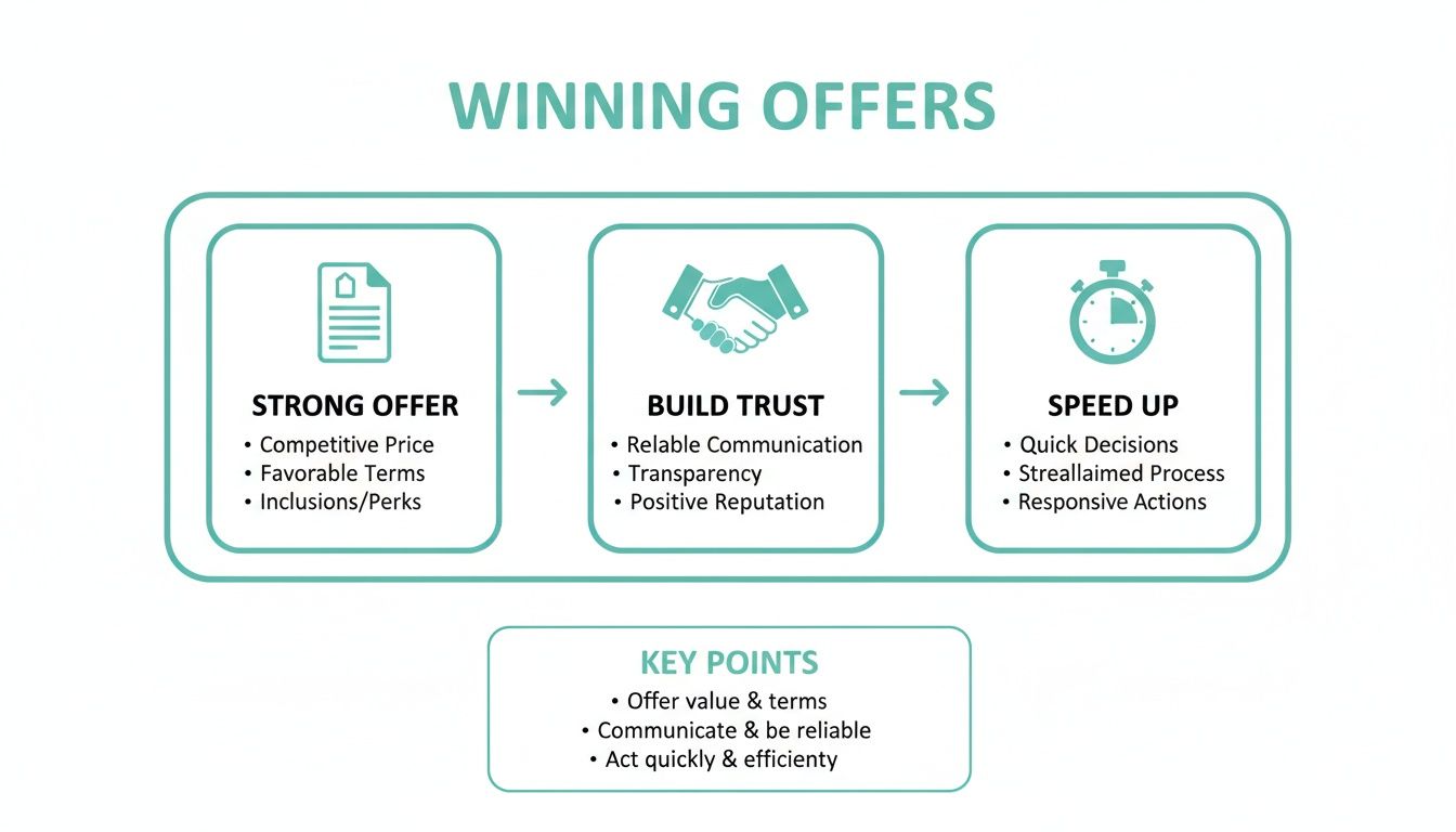 Infographic showing three steps to winning offers: strong offer, build trust, and speed up.