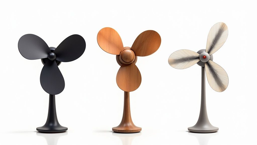 Three distinct tabletop fans with three blades, in black, wood, and grey, on a white background.