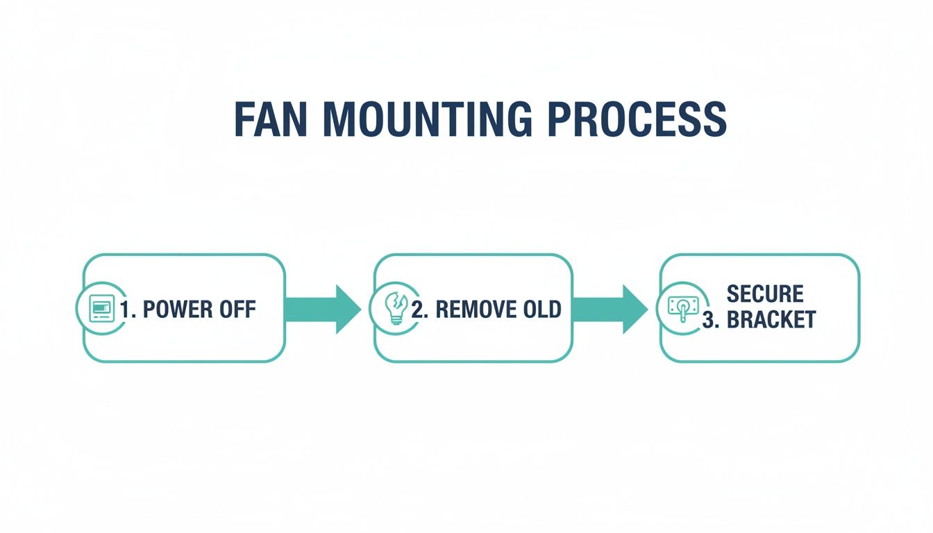 A three-step diagram illustrating the fan mounting process: power off, remove old fan, and secure bracket.