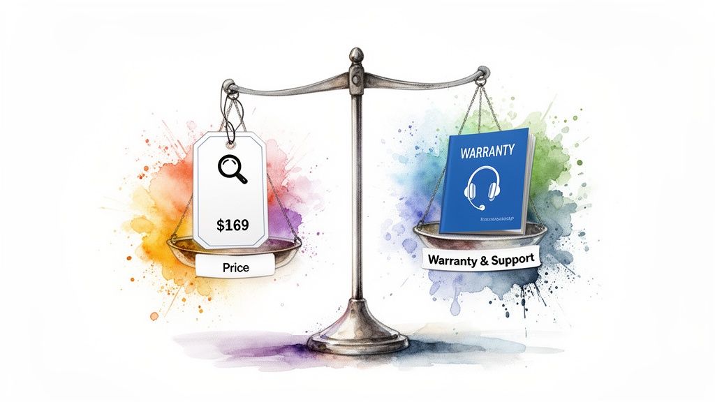 A balance scale weighing a price tag ($169) on one side against a 'Warranty & Support' book on the other.