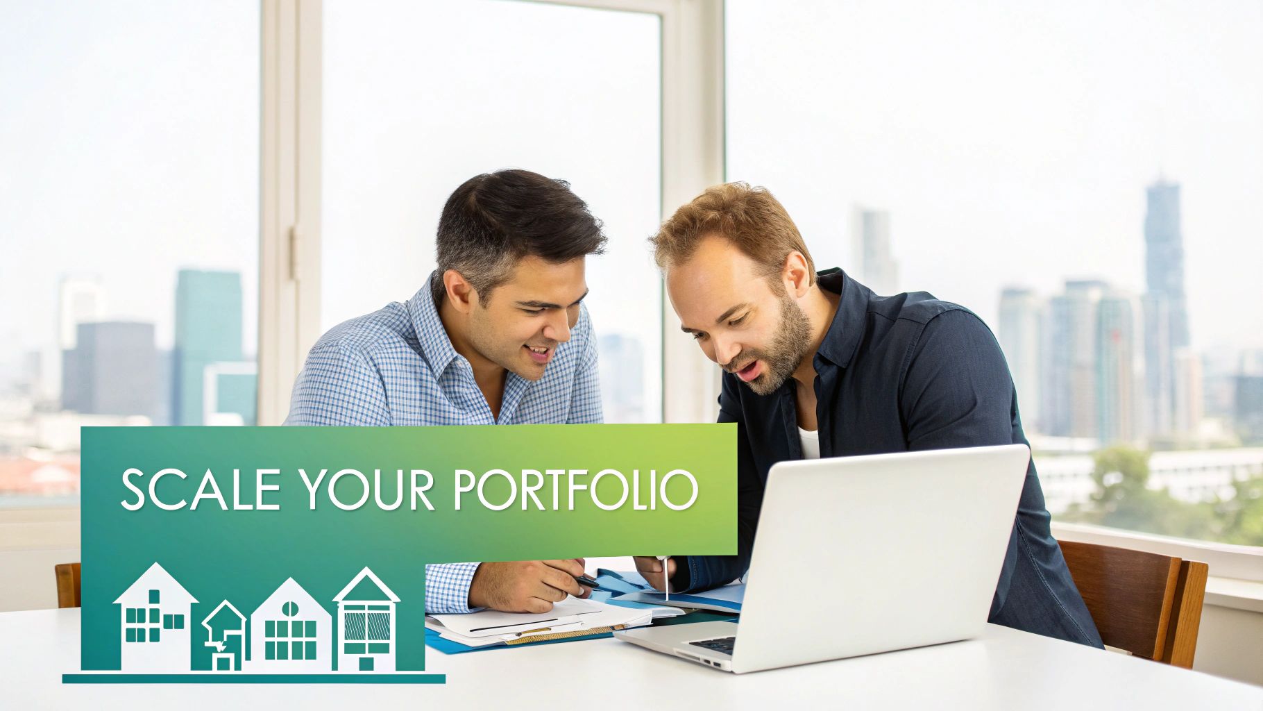 Two men review documents and a laptop, with a 'SCALE YOUR PORTFOLIO' graphic and house icons, suggesting real estate investment.