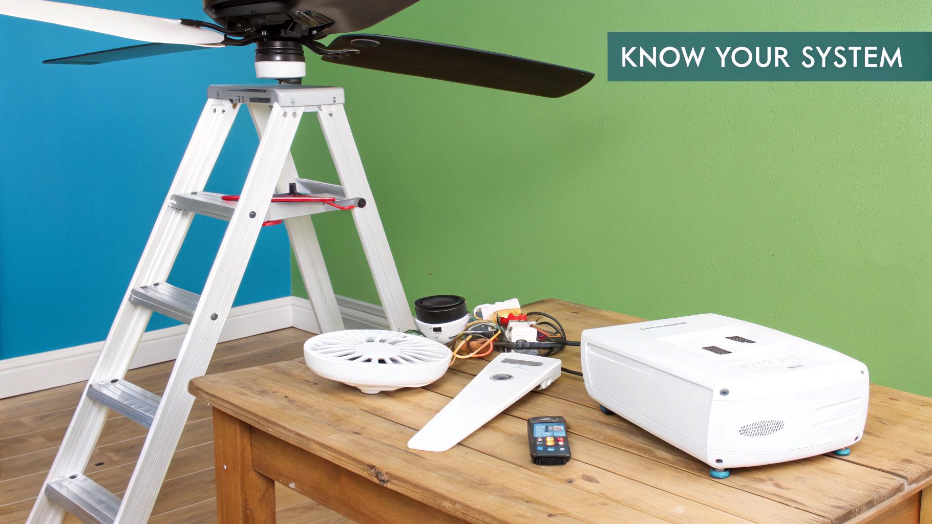 A modern ceiling fan with a remote control resting on a wooden table.