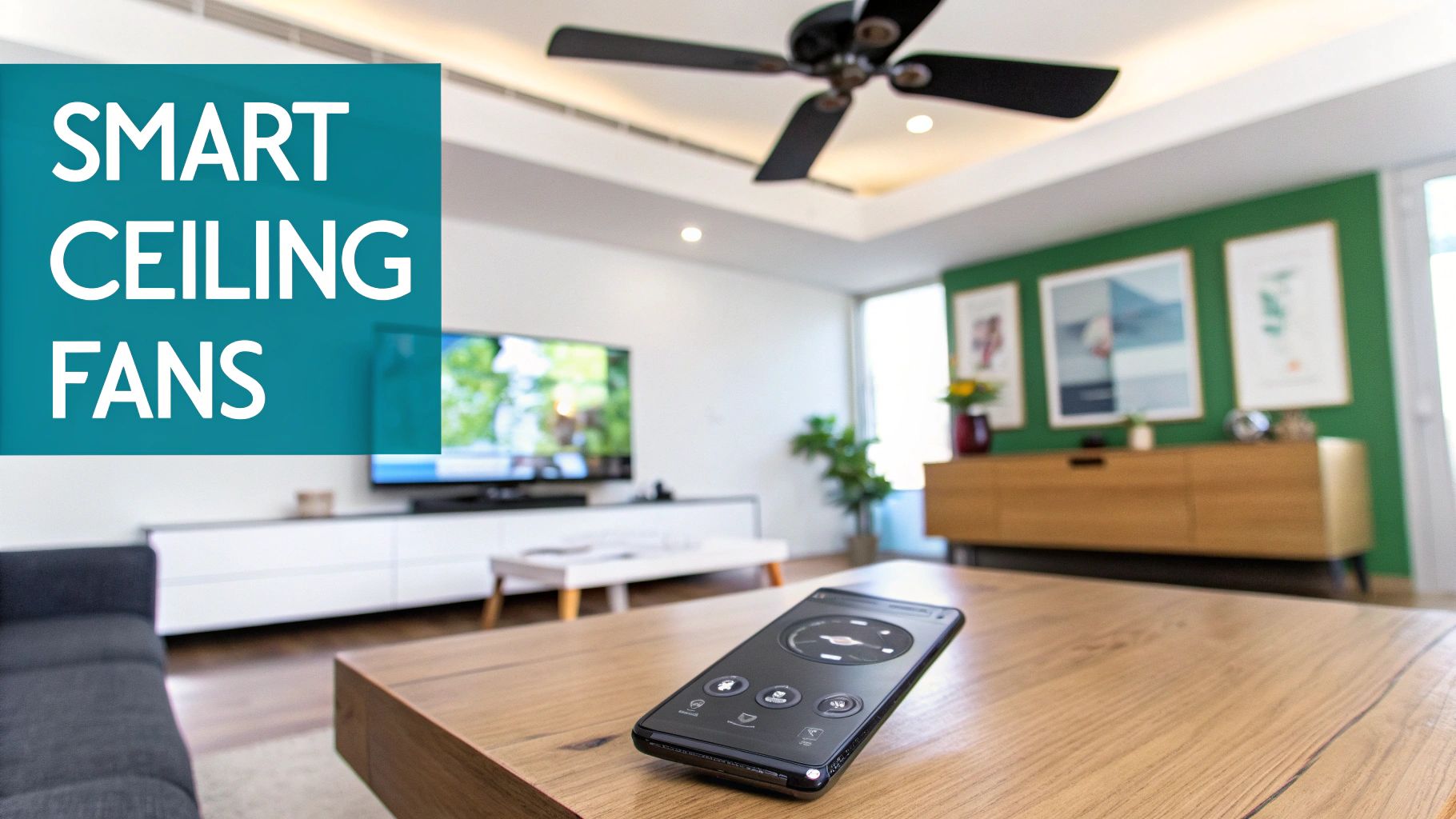 A stylish, modern ceiling fan with a remote control is shown installed in a contemporary living room.