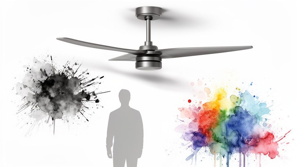 A sleek silver ceiling fan with three blades over a person's silhouette, flanked by vibrant and black paint splatters.