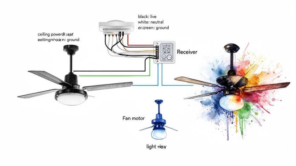 Detailed wiring diagram for a ceiling fan system with a remote receiver, showing live, neutral, and ground connections.