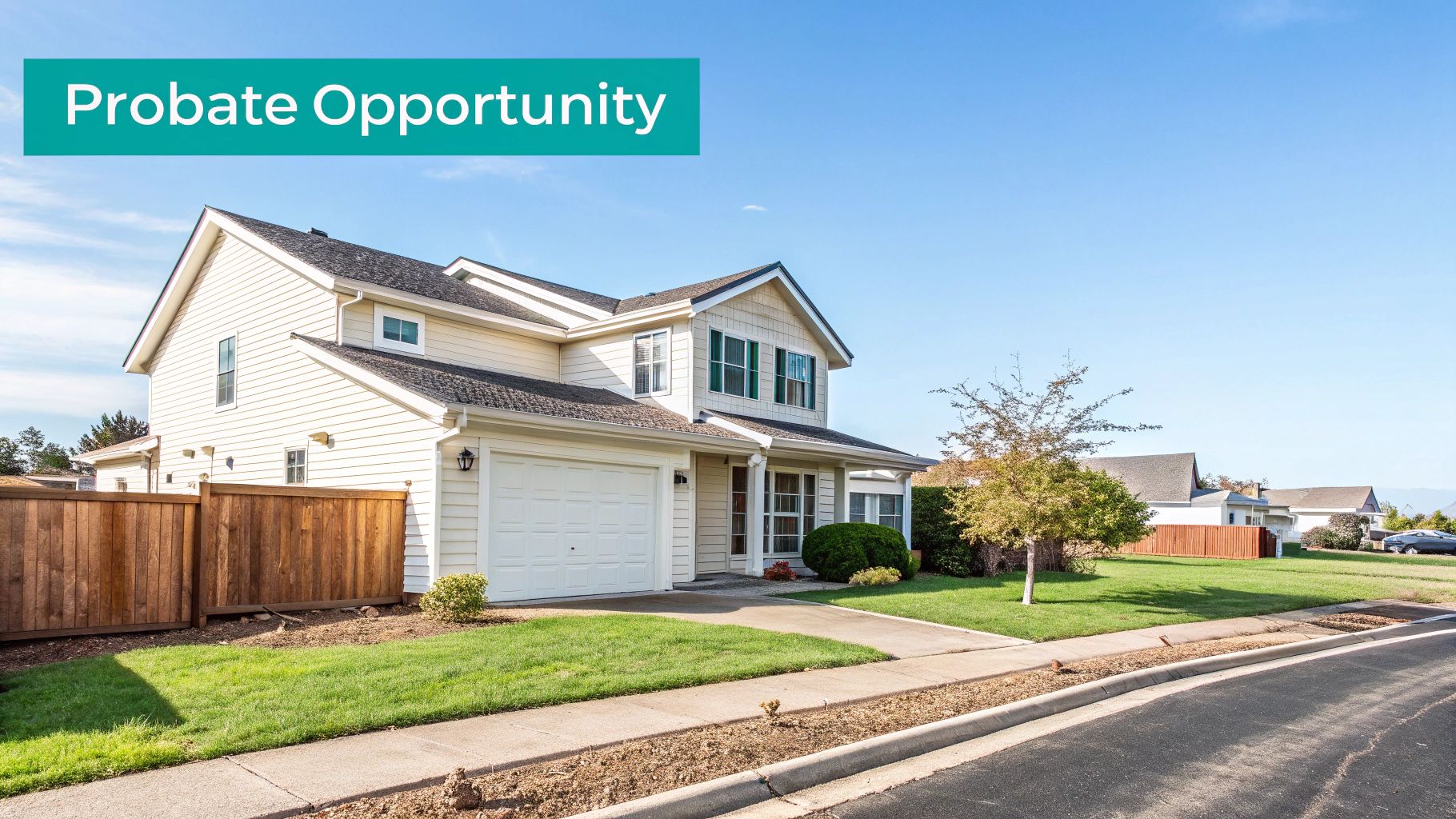 A two-story, light-colored suburban house with a garage and green lawn, featuring a 'Probate Opportunity' banner.