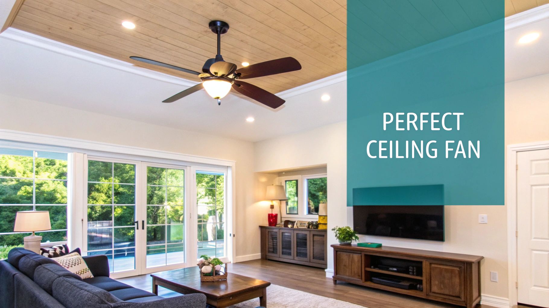 A stylish modern ceiling fan with light wood blades in a well-lit living room.