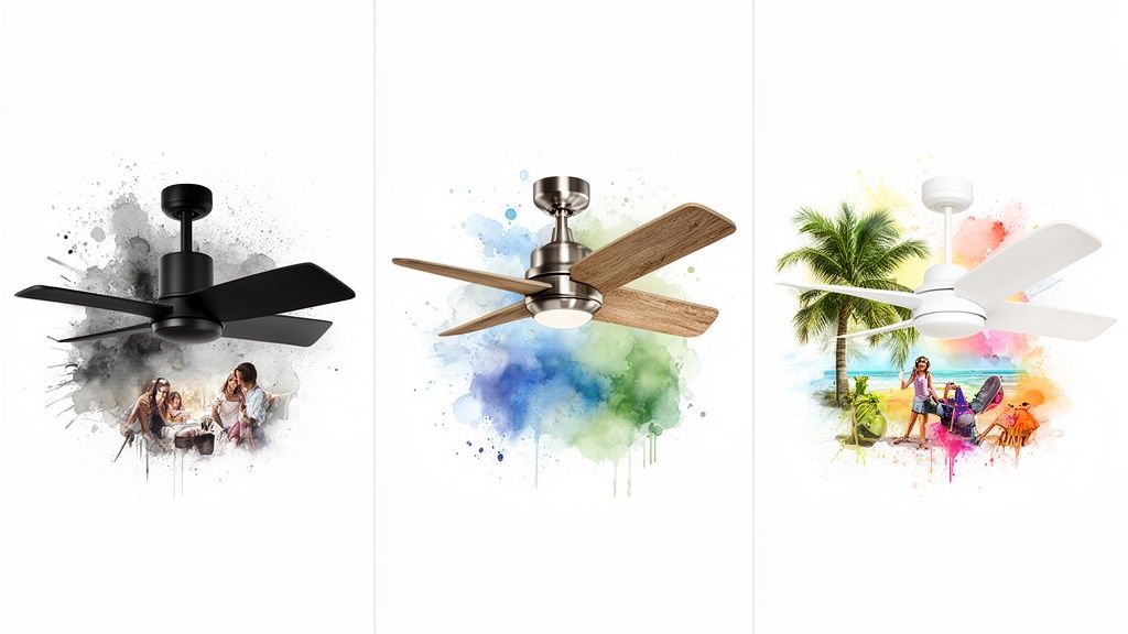 Three distinct small ceiling fan styles: black, wood-blade, and white, with artistic watercolor backgrounds.