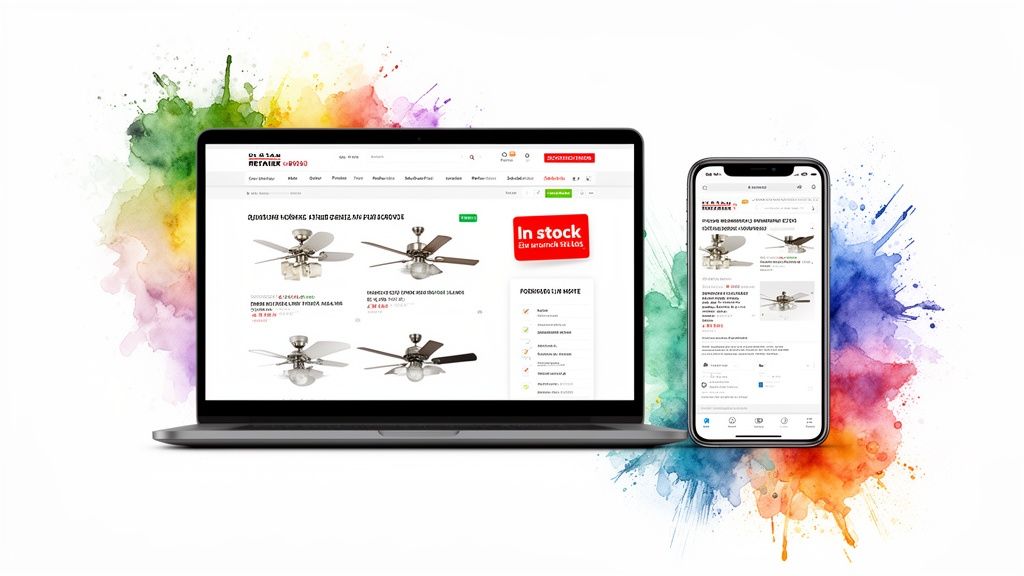 A laptop and smartphone display an online e-commerce website selling various ceiling fans.