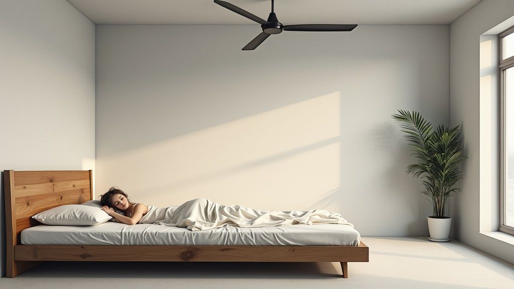 A person sleeping peacefully on a wooden bed in a bright bedroom with a ceiling fan.